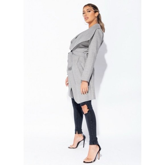 Gray Wool Blend Long Sleeve Oversized Lapel Belted Waterfall Collar Coat - Picture 5 of 8